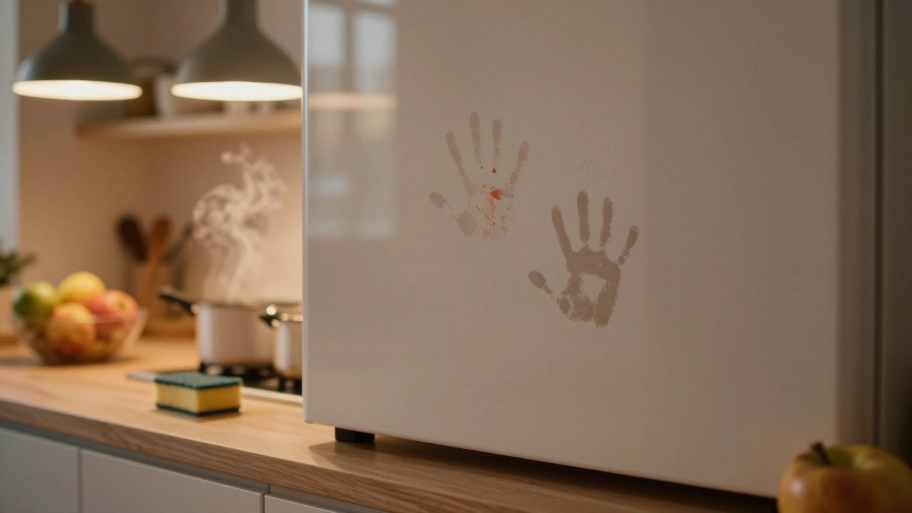 Кухня в вечернем свете: матовые фасады без отпечатков, глянцевые — с отражениями детских рук и тени кошки.