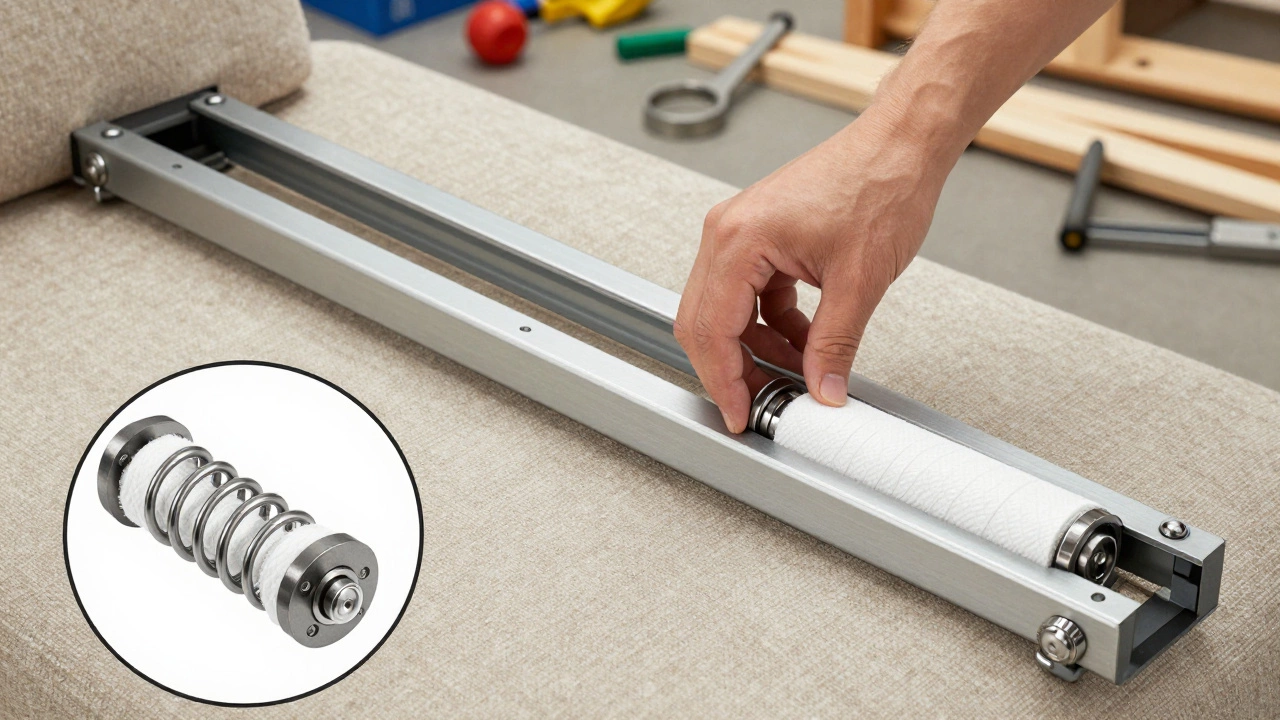 Механизм еврокнижка с металлическими направляющими и пружинным блоком, обернутым в спанбонд, в процессе раскладывания.