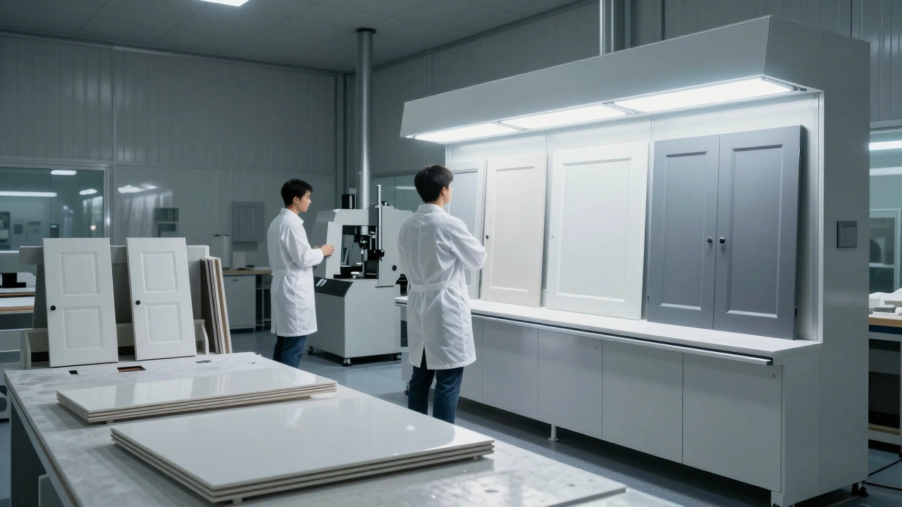 Производство кухонных фасадов: рабочие проверяют глянцевые детали, рядом — бракованные панели, в фоне — покраска матовых.