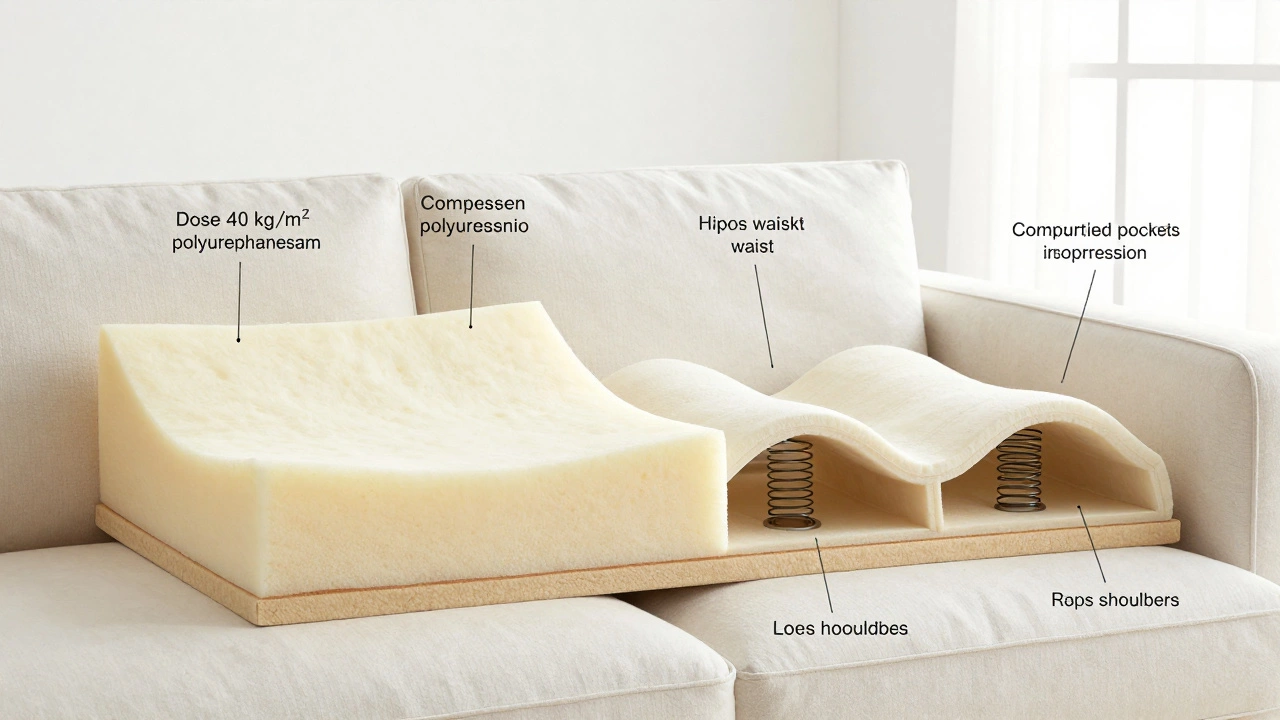 Разрез дивана: сравнение плотного полиуретана и отдельных пружин под телом.