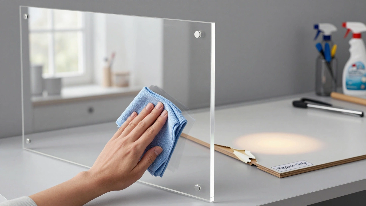 Рука полирует глянцевый пластиковый фасад, отражающий окно, рядом лежит поврежденный фасад из пленки МДФ.