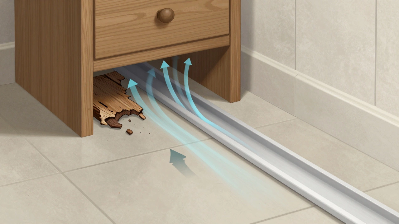 Схематичный разрез: гниющий поддон тумбы рядом с системой отвода воды, показаны потоки влаги и воздуха.