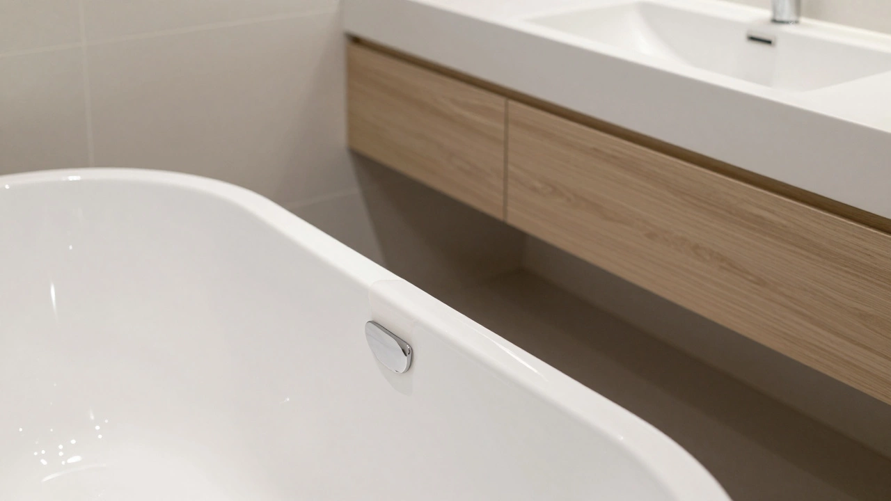 Современная ванная с правильным зазором между ванной и тумбой, аккуратный керамический бордюр, сухая поверхность.