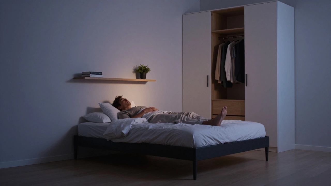 Спокойная спальня площадью 10 м² с кроватью, полкой и компактным шкафом.