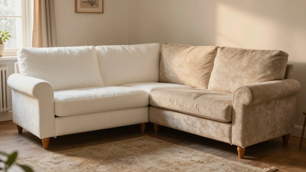 Сравнение нового и 12-летнего дивана: оба выглядят надежно, без провисаний и повреждений, символизируя долговечность.