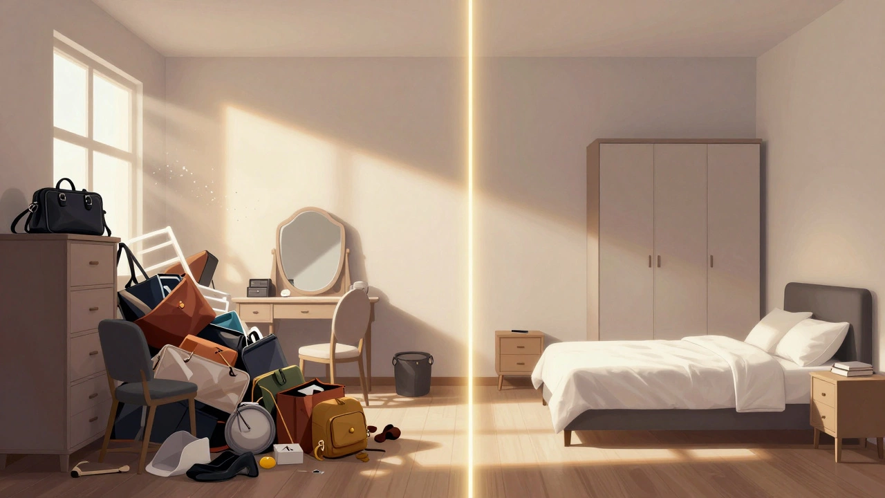 Сравнение перегруженной и упрощенной спальни: хаос против спокойствия.