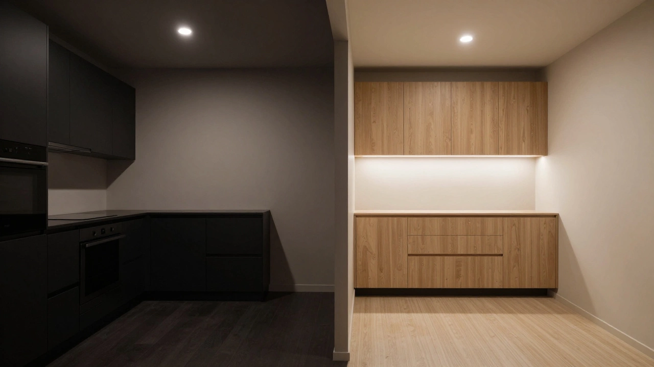 Сравнение тесной кухни с тёмными фасадами и просторной кухни с матовыми светлыми оттенками — визуальное расширение пространства.