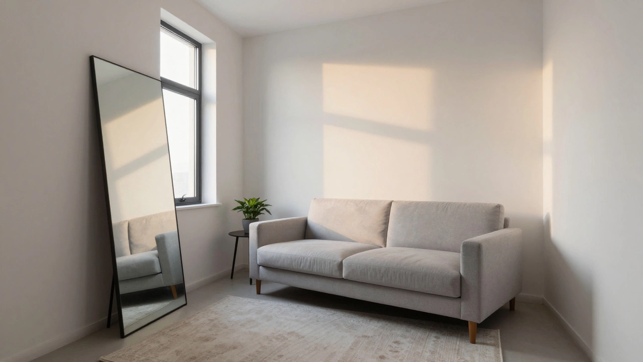 Светло-серый диван напротив зеркала в комнате с белыми стенами, отражающее мягкий вечерний свет.