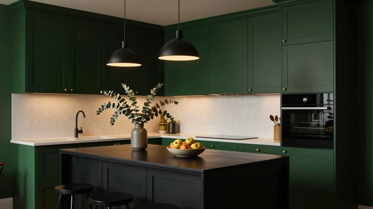 Тёмно-зелёные верхние шкафы с белым текстурированным фартуком и золотистыми ручками, освещённые тёплым светом в уютной кухне.