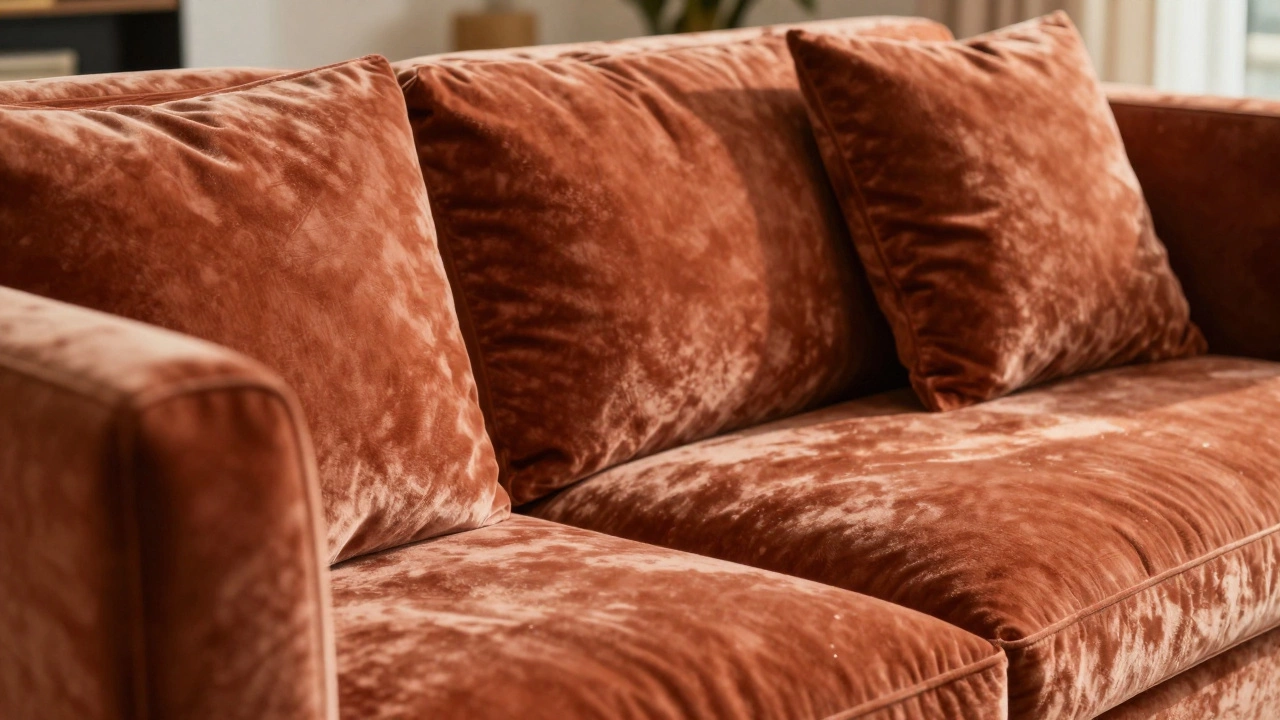 Терракотовый диван с текстурой велюра в интерьере.