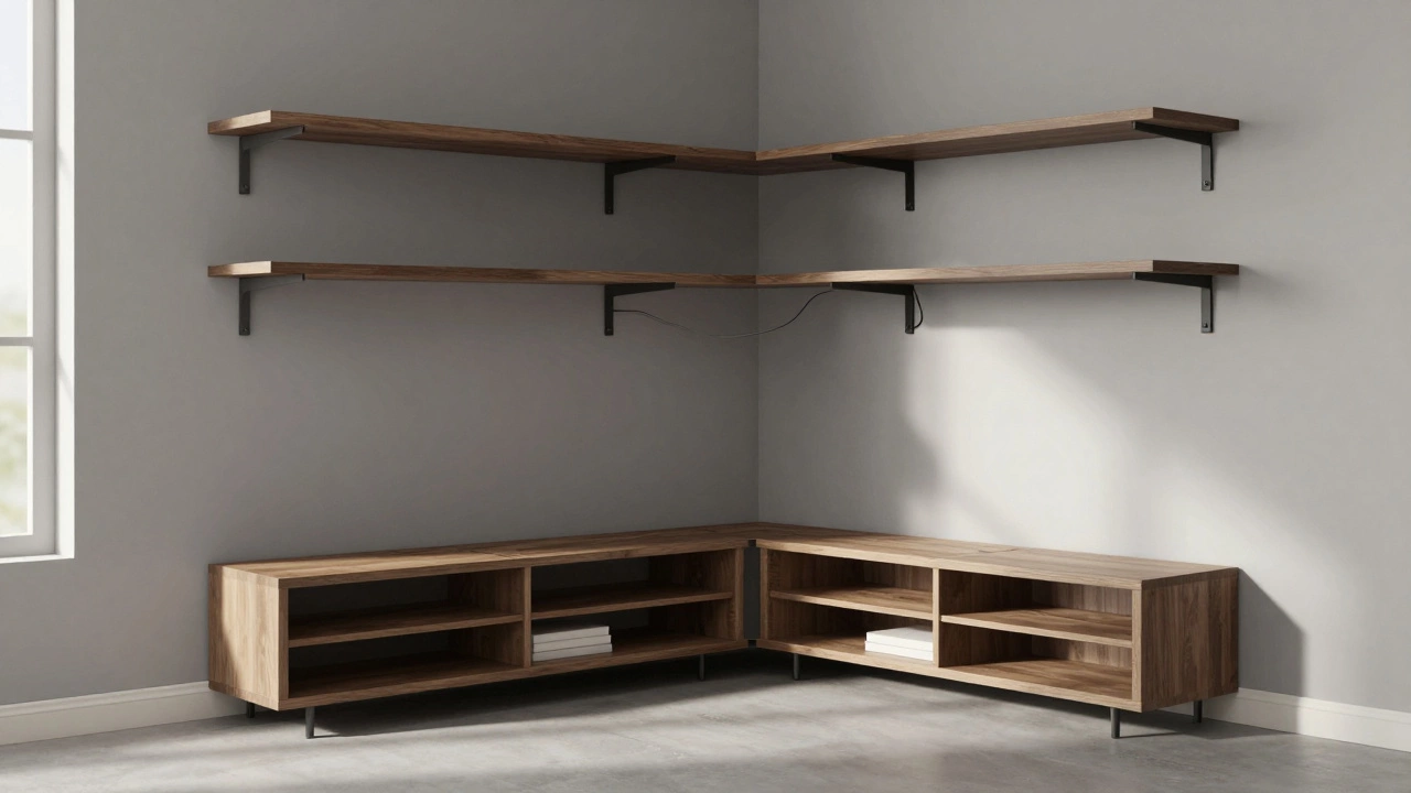 Угловая система хранения в интерьере лофта с минималистичным дизайном