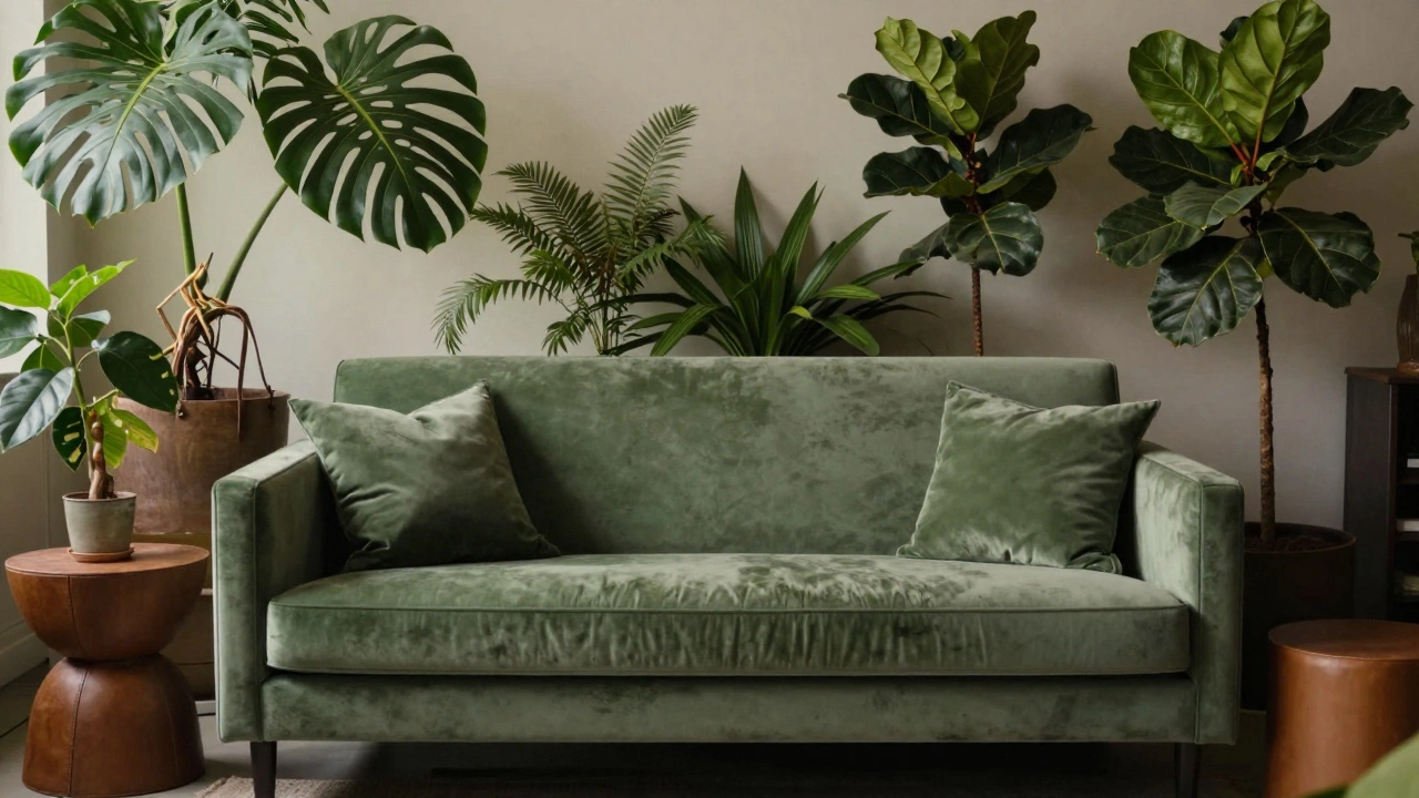 Зеленый бархатный диван среди комнатных растений.