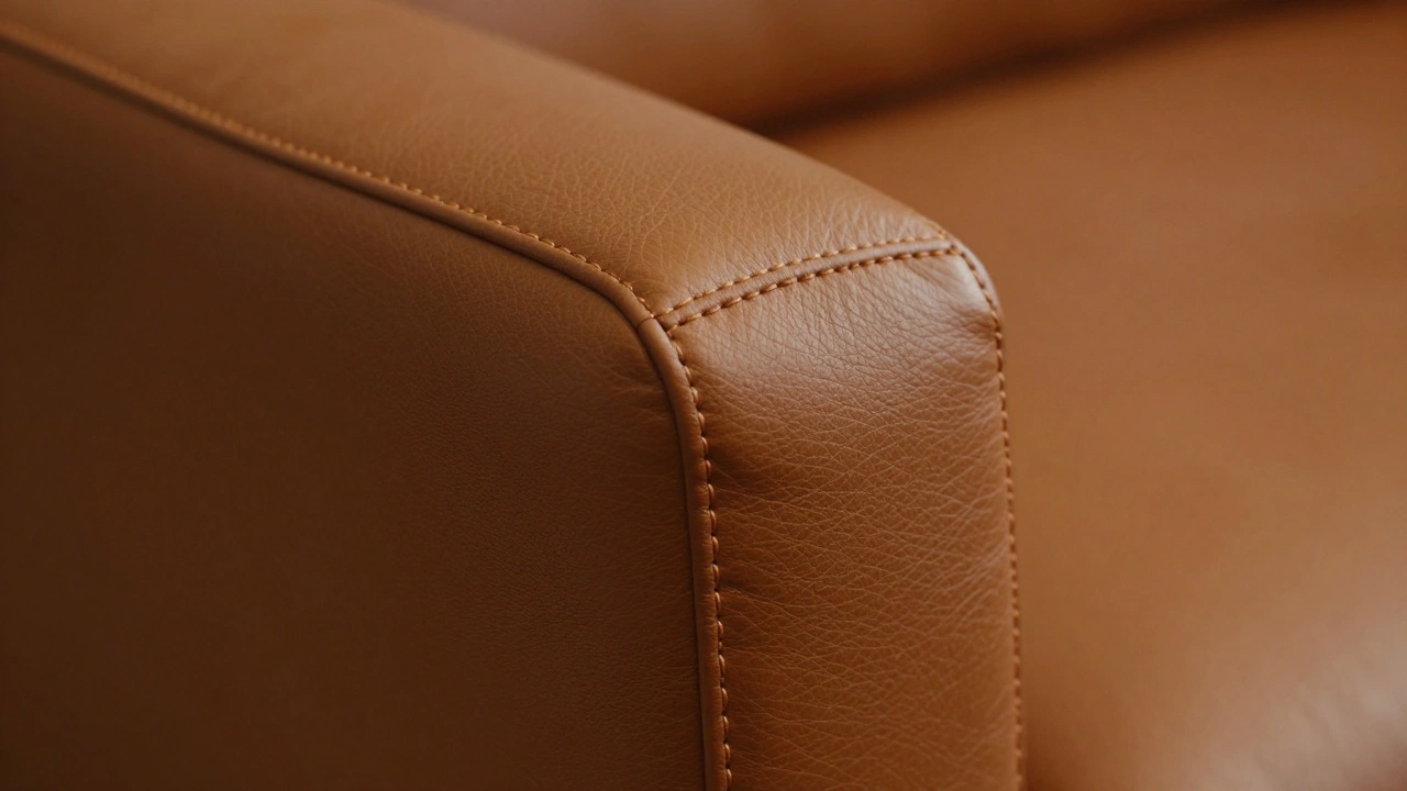 Крупный план идеального ровного шва на обивке из натуральной кожи коньячного цвета