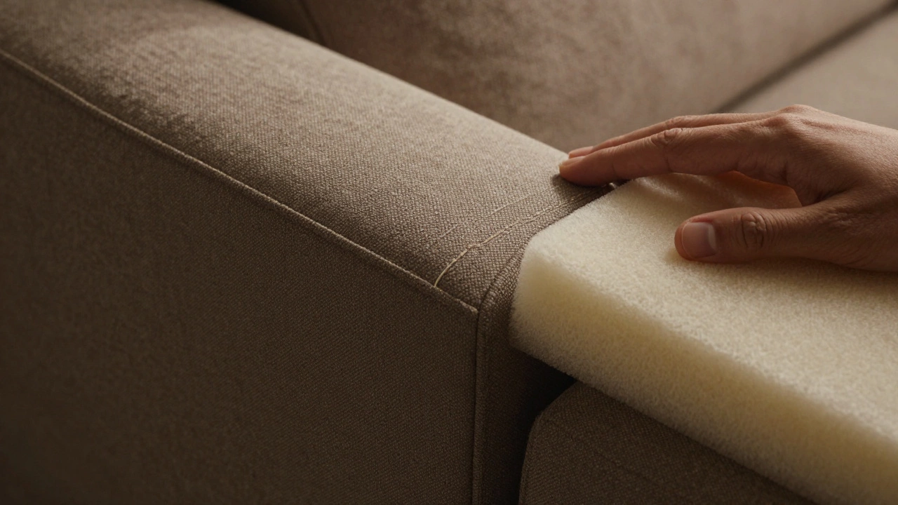 Крупный план ровного шва и текстуры качественной ткани дивана