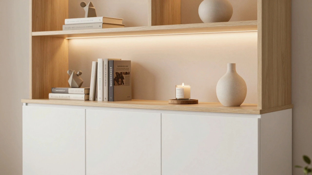 Минималистичная система хранения с закрытыми шкафами и открытыми полками