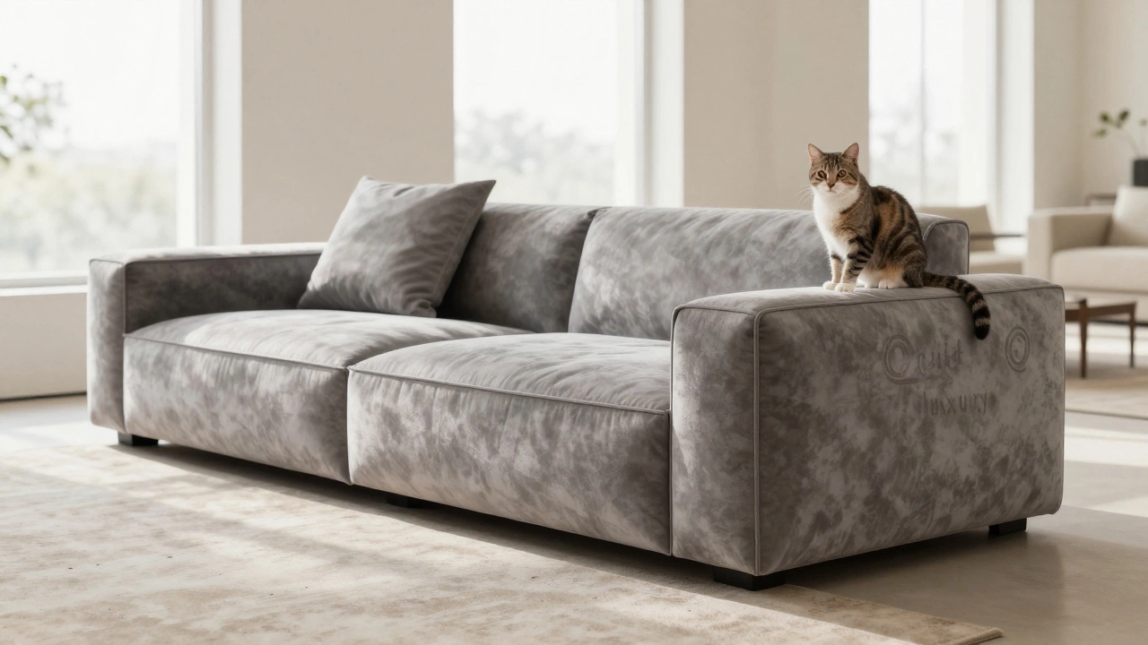 Модульный диван в современном интерьере с котом на обивке