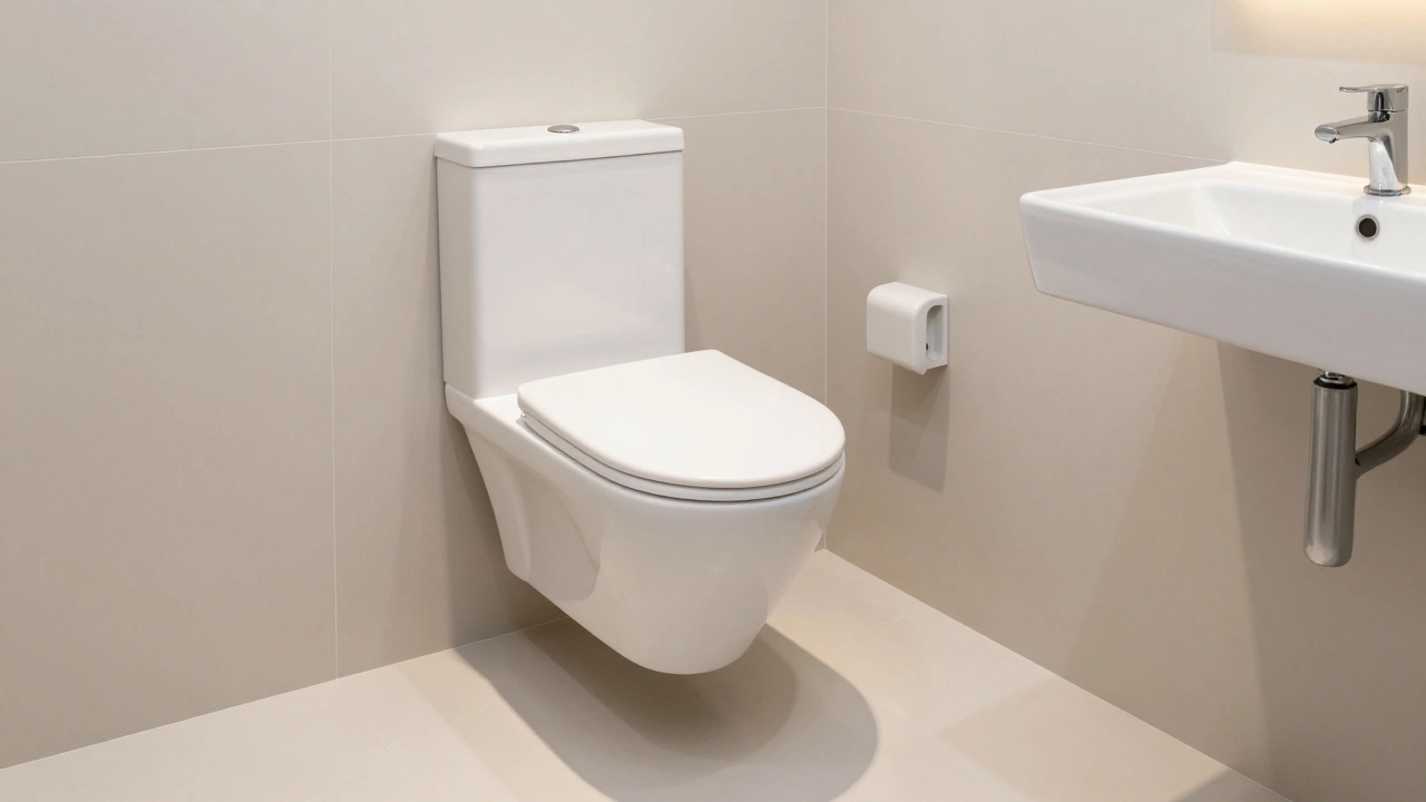 Подвесной унитаз и компактная раковина в современном светлом интерьере