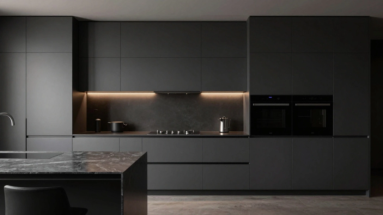 Современная просторная кухня с матовыми фасадами в графитовом цвете