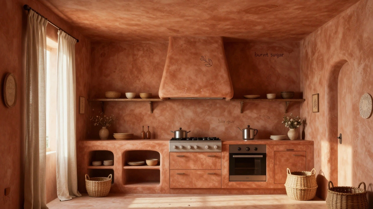 Уютная кухня с терракотовыми стенами и фактурной штукатуркой