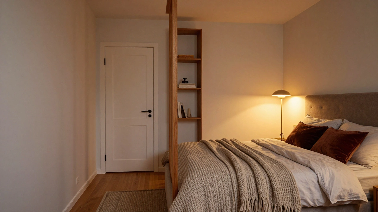 Уютная маленькая спальня с зонированием и массивным изголовьем кровати