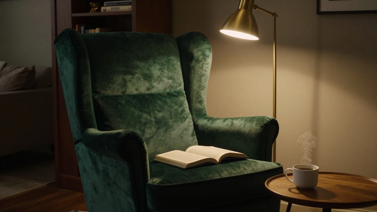 Уютный уголок для чтения с зеленым креслом-ушастиком и торшером